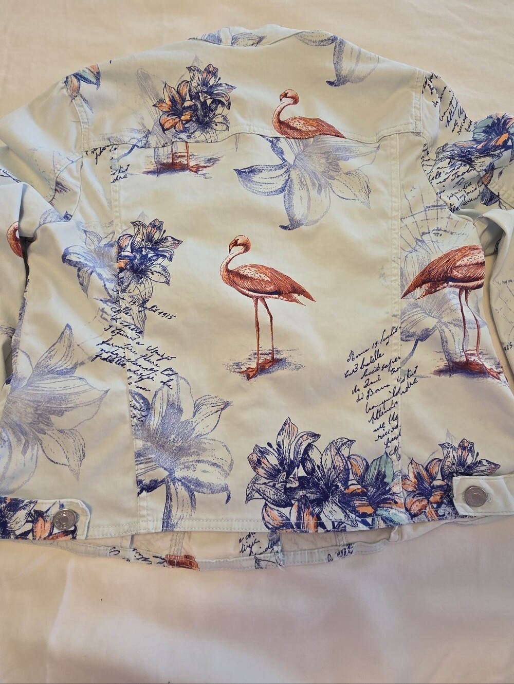Chico's 'BON VOYAGE'Light Blue Printed Denim Jacket with Floral & Bird Motifhico - Picture 4 of 10